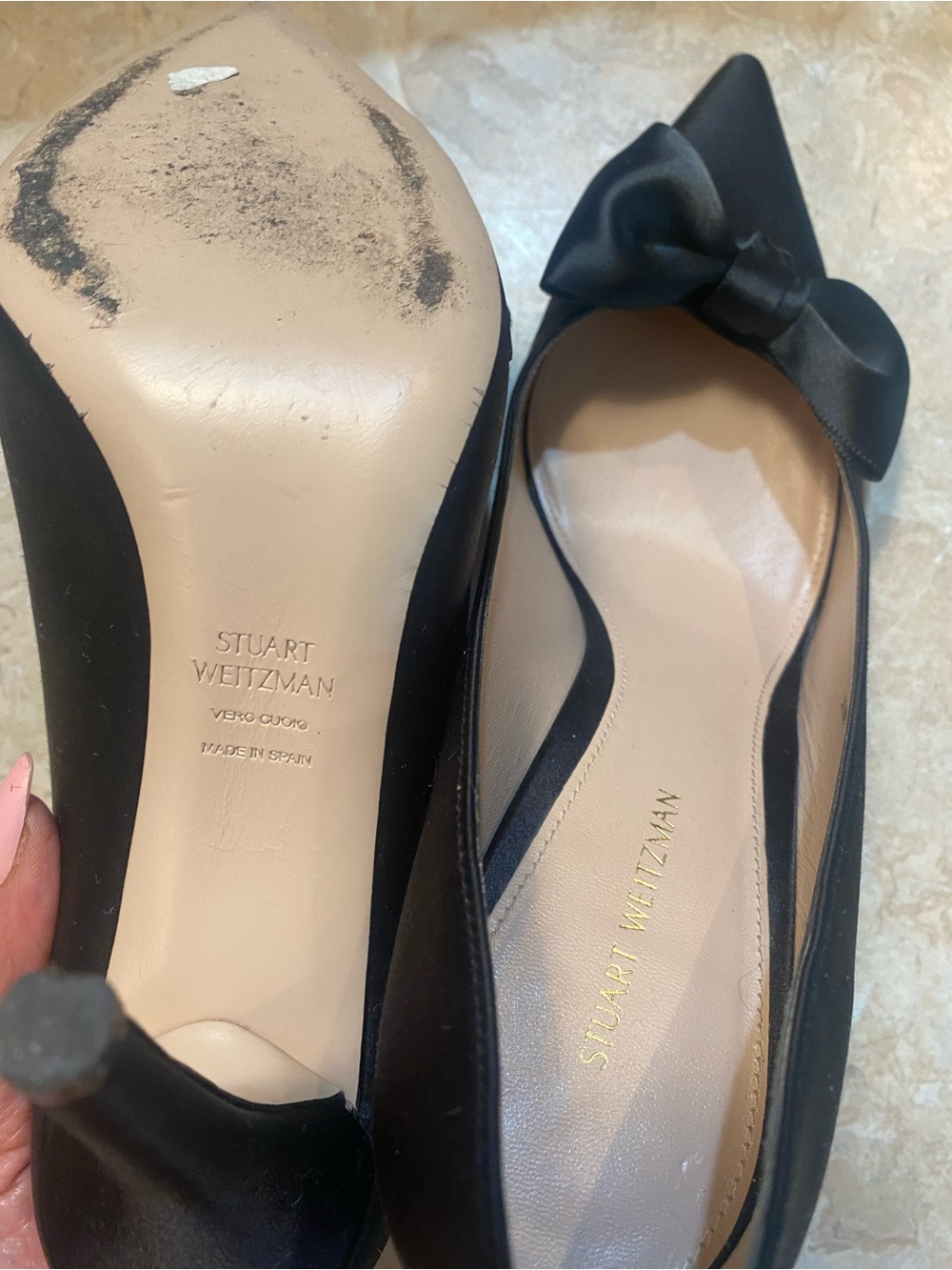 Stuart Weitzman Black Satin Pointed Toe Pumps with Bow Accent - Picture 6 of 7
